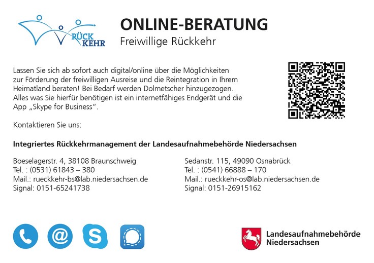 Kontaktdaten zur Onlineberatung und persönlichen Beratung der freiwilligen Rückkehr