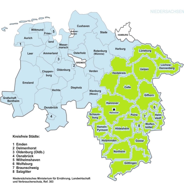 Karte der Einzugsgebiete der freiwilligen Rückkehrberatung in Niedersachsen